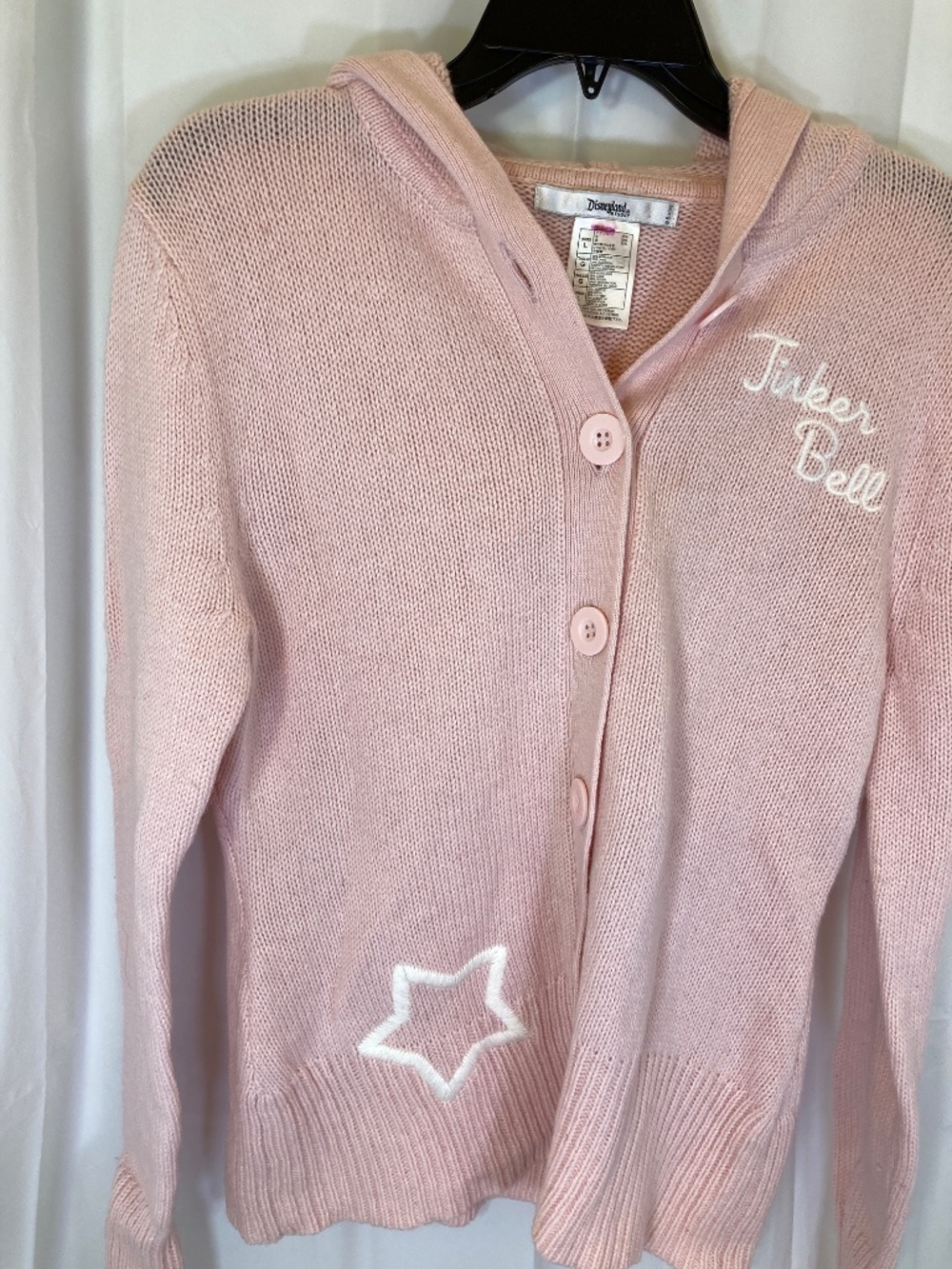 Disney Tinkerbell Pink Cardigan Sweater Sz L Hood Embroidered Accents - Picture 6 of 14